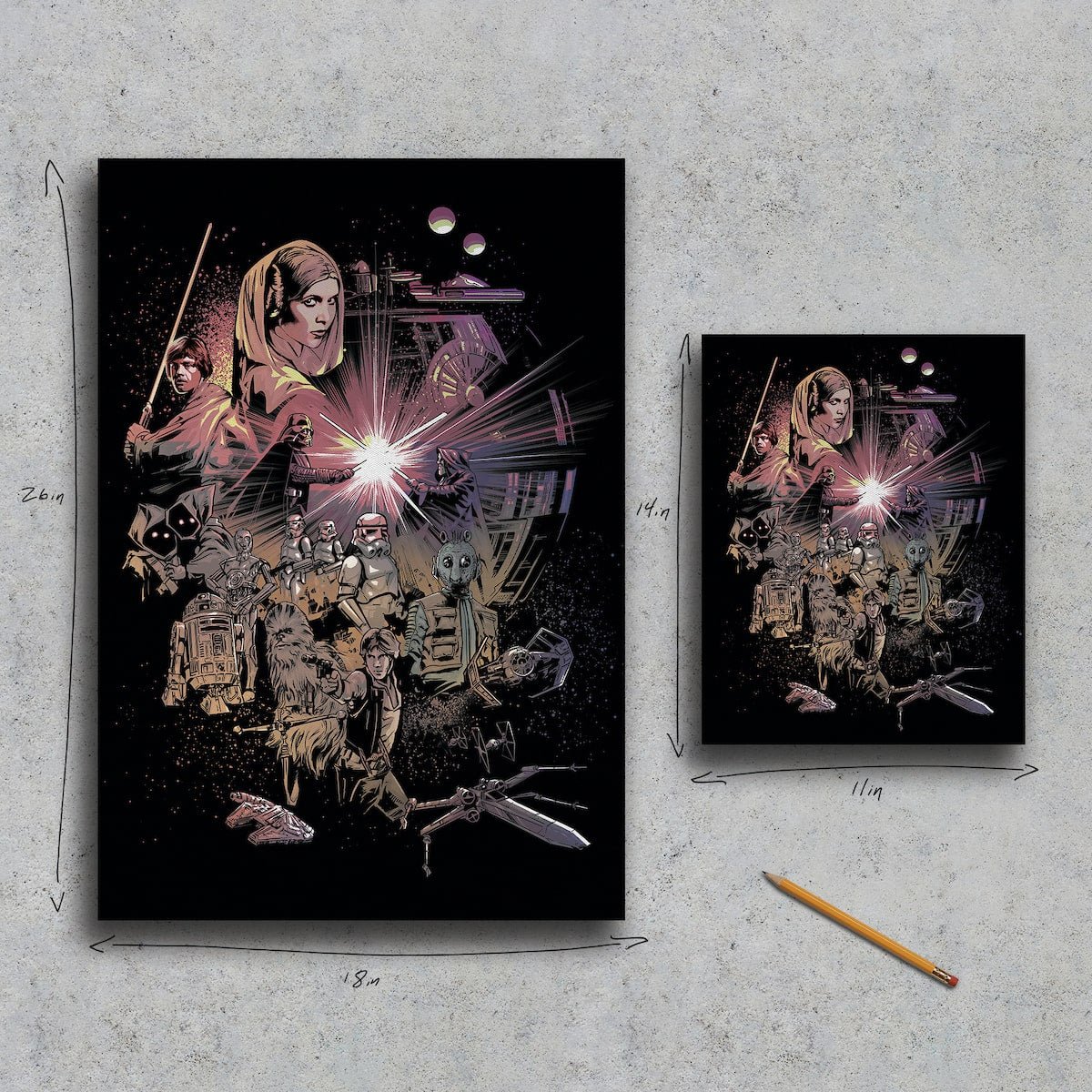 Two Canvas prints depicting a scene with characters and machinery on a textured gray surface.