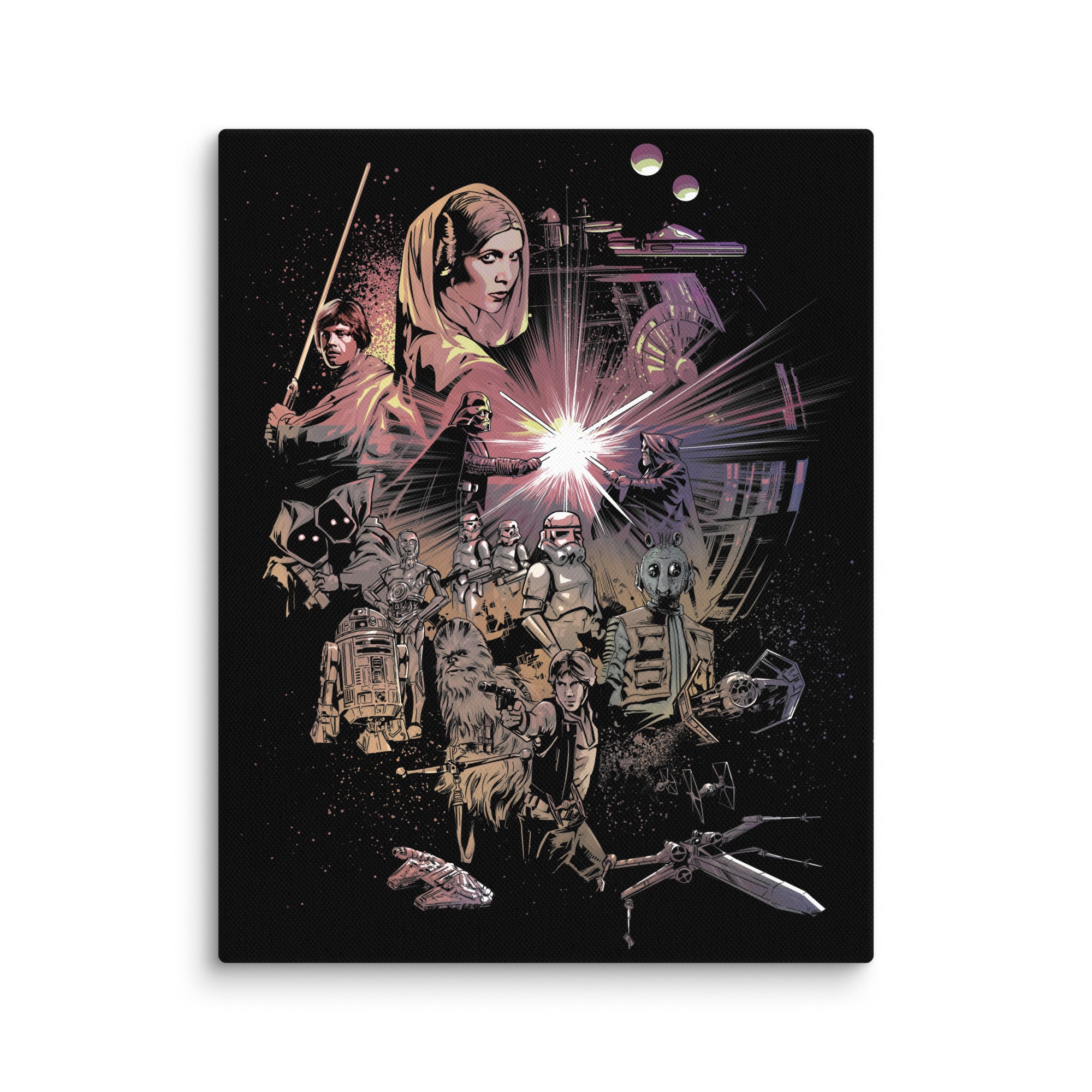 Collage of Star Wars characters and scenes from A New Hope with a central explosion effect on a black background.