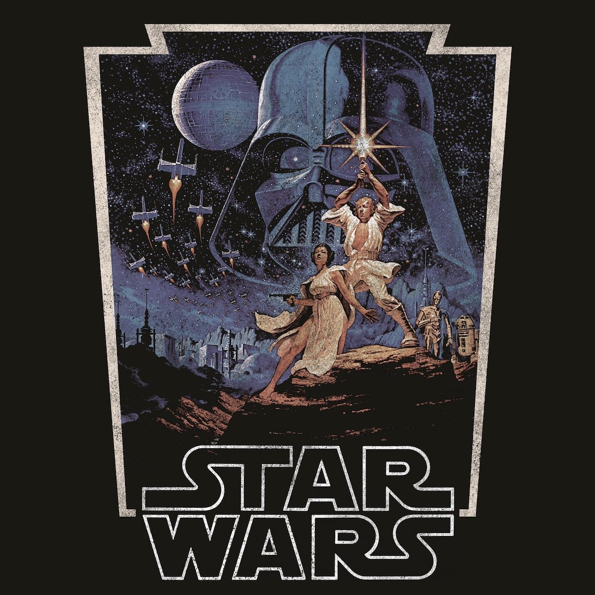 Vintage-style 'Star Wars' poster with characters and iconic elements.