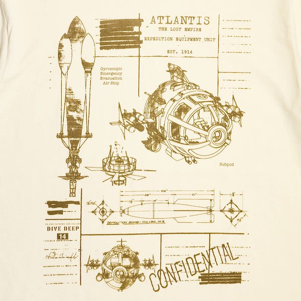 Blueprint-style illustration of vehicles and diagrams for an Atlantis expedition.