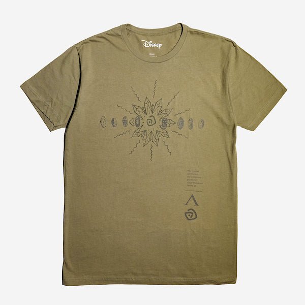 Green T-shirt with a dark blue abstract sunburst design and text in the bottom right corner.