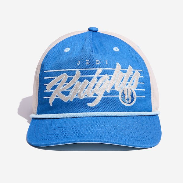 A blue and white hat featuring the words "Jedi Knights" prominently displayed on the front