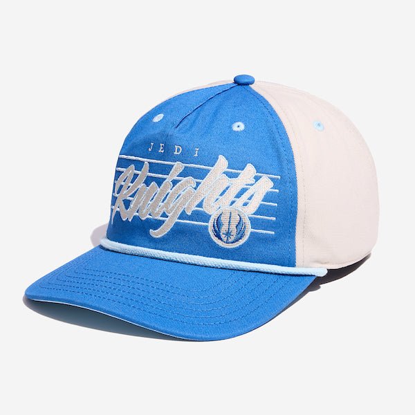 A blue and white hat featuring the words "Jedi Knights" prominently displayed on the front