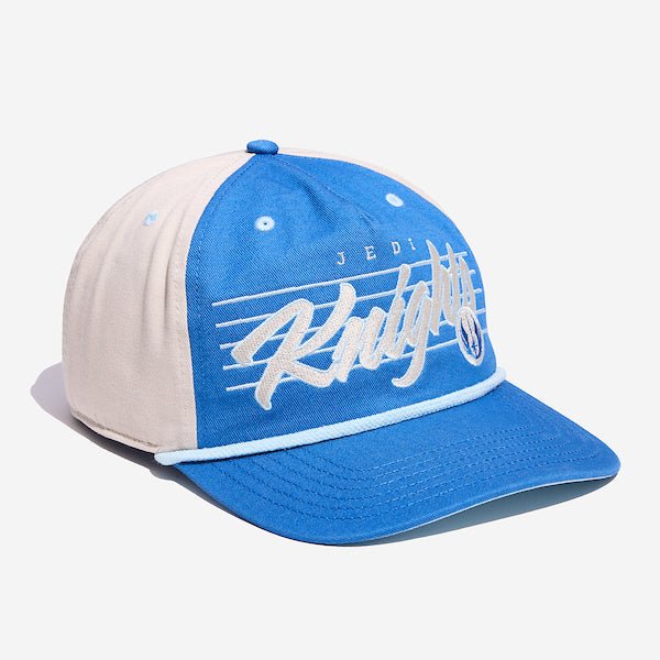 A blue and white hat featuring the words "Jedi Knights" prominently displayed on the front