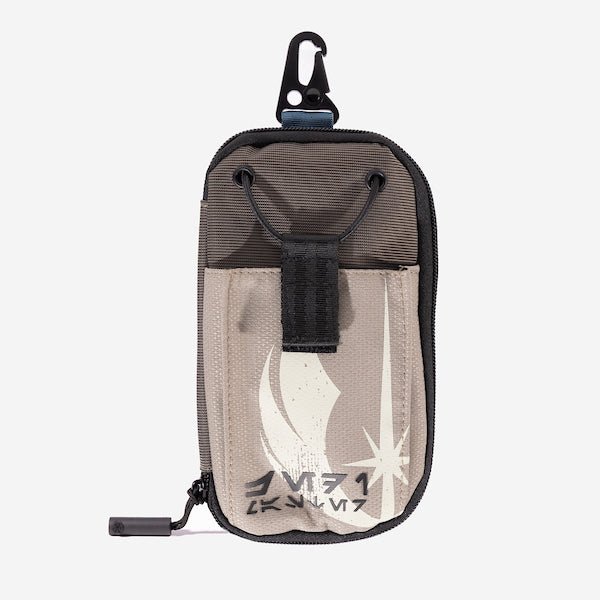 A compact, black and white zippered pouch with a hook clip at the top. The pouch features a Star Wars-inspired design, including the Jedi emblem. The front pocket has a black strap closure.