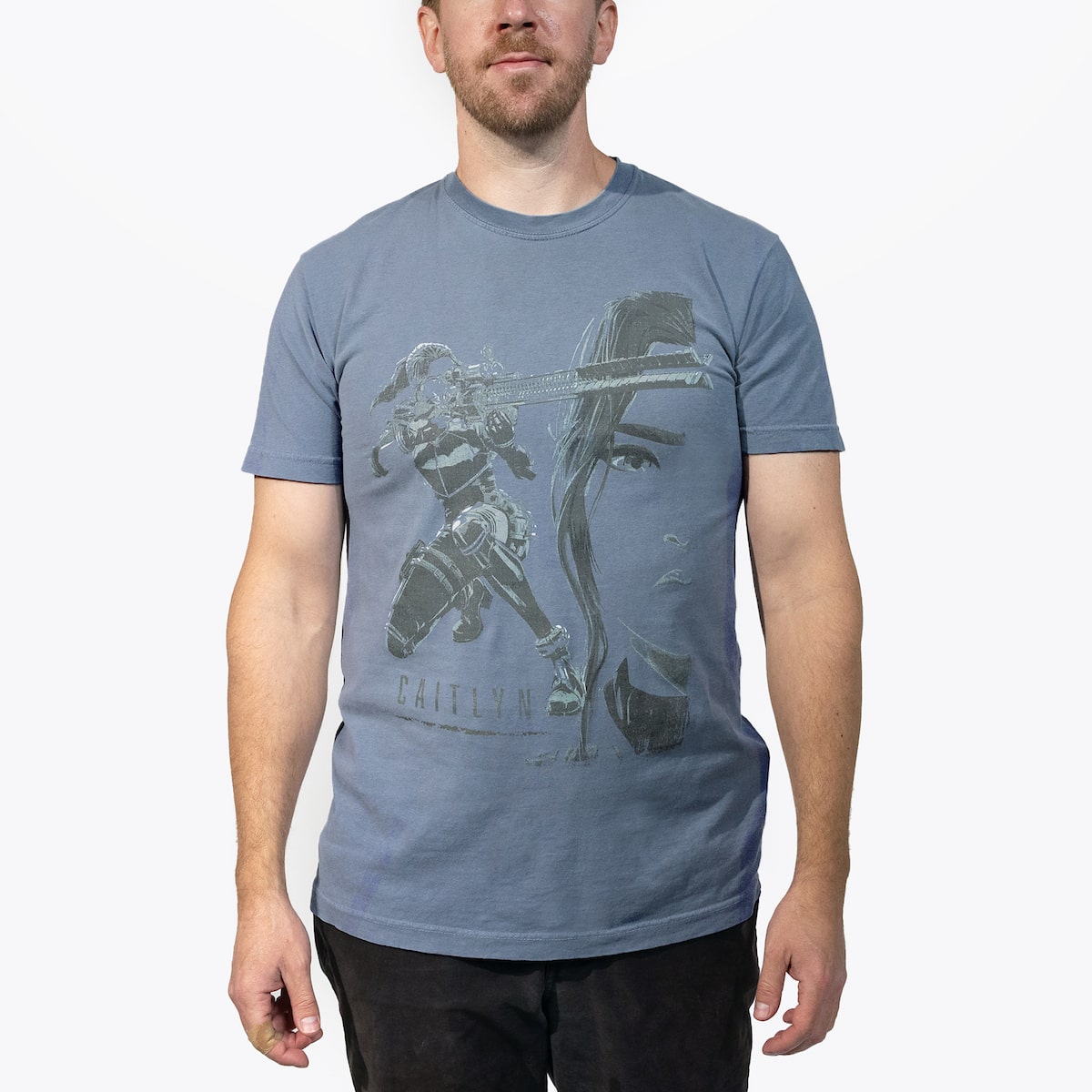 Male Model in a Blue T-Shirt featuring a faded graphic of Jinx from Arcane