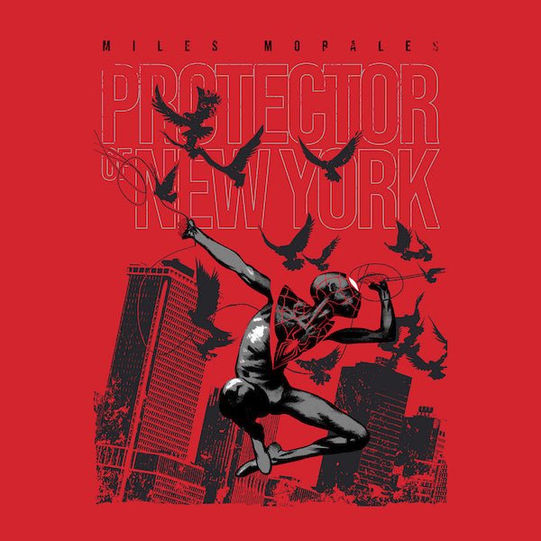 Red T-shirt with Miles Morales swinging through New York and the text "Protector of New York."