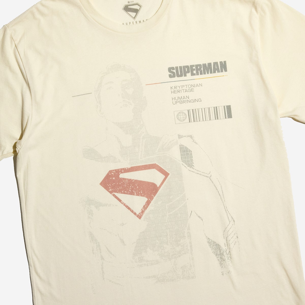 Natural Beige T-Shirt with a faded profile depicting Superman and information about him