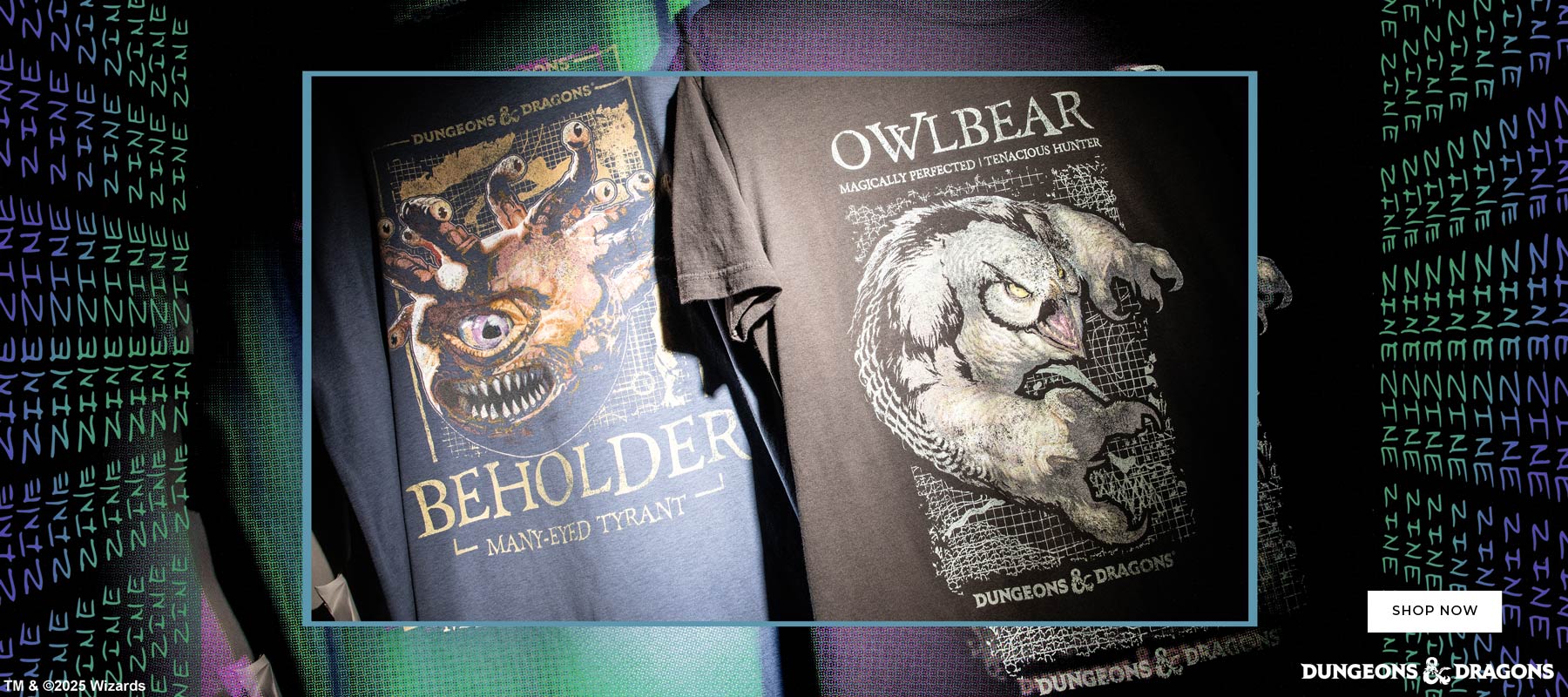 Two Dungeons & Dragons-themed T-shirts featuring a Beholder and an Owlbear.