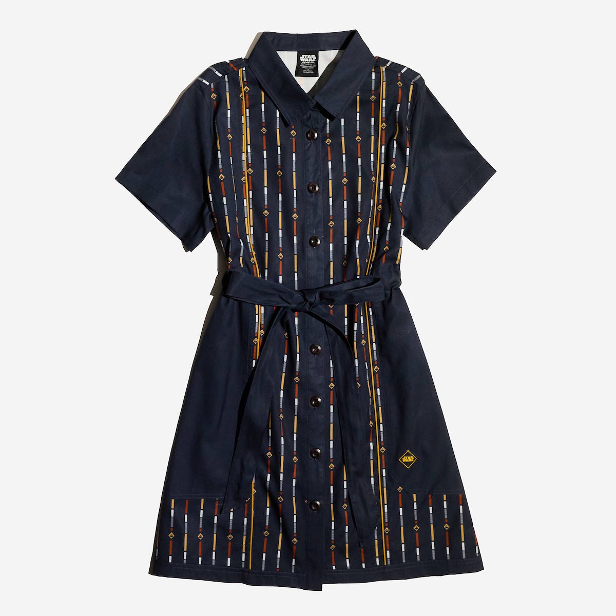 A button up navy dress thats star wars rebel inspired with a striped pattern