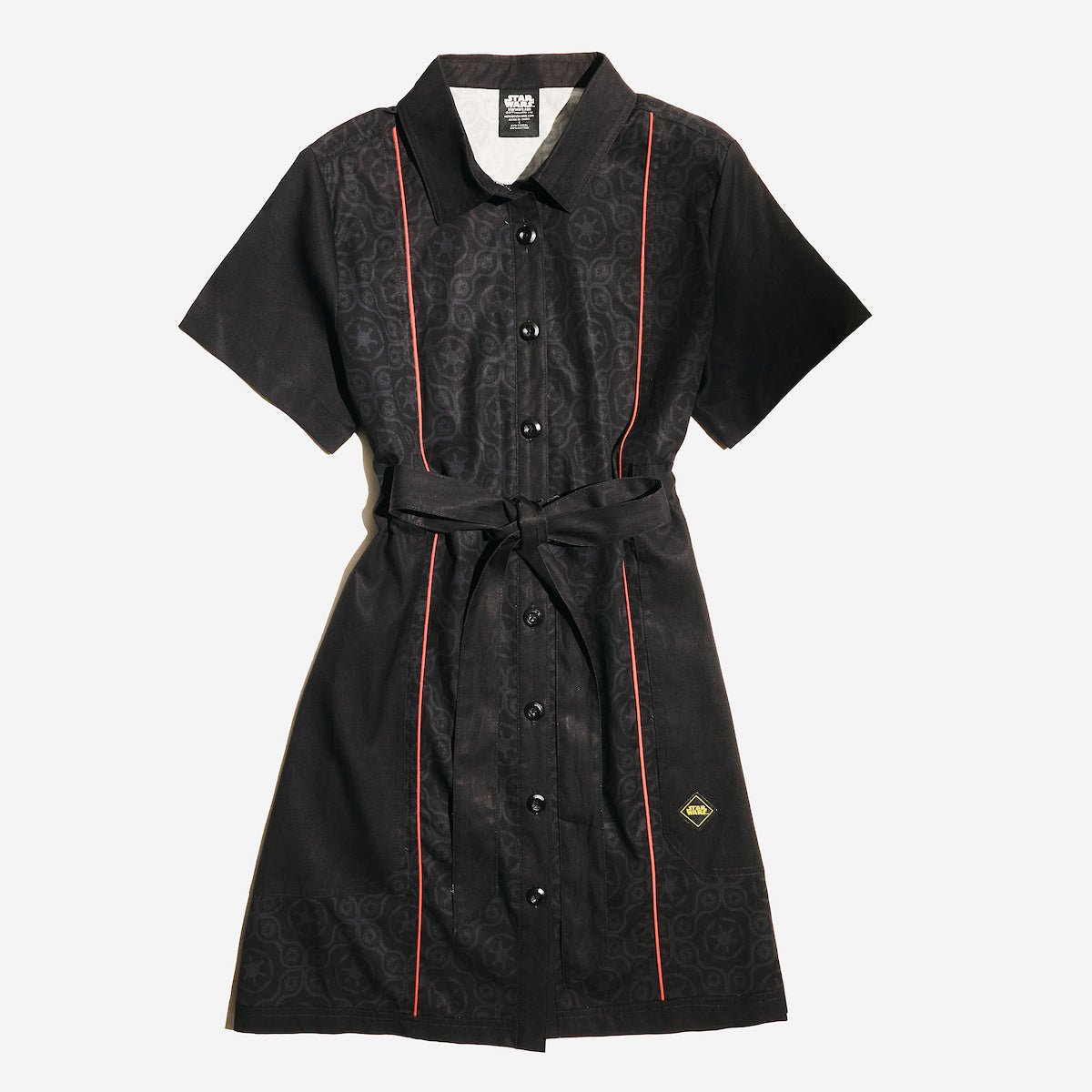 A button up black dress thats star wars imperial inspired with a geometric pattern and red details