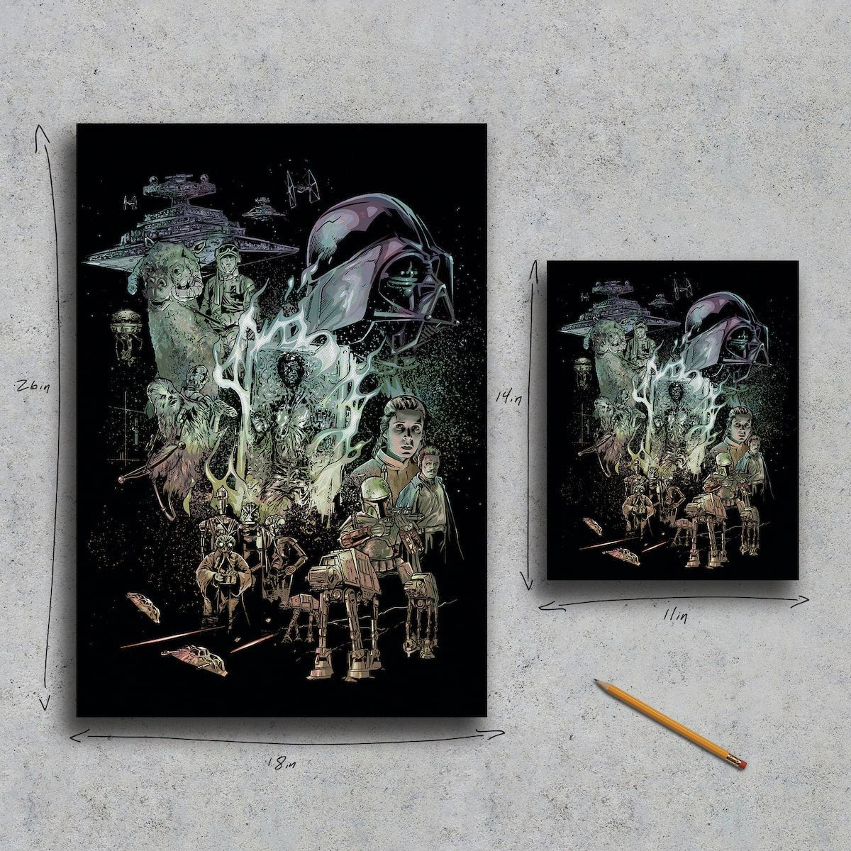 Two Canvas Prints with characters and vehicles from The Empire Strikes Back on a textured gray surface.