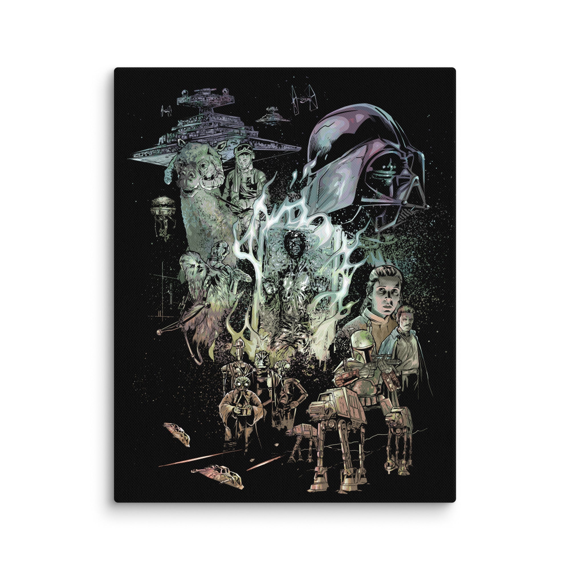 Collage of Star Wars characters and vehicles from The Empire Strikes Back  on a dark background