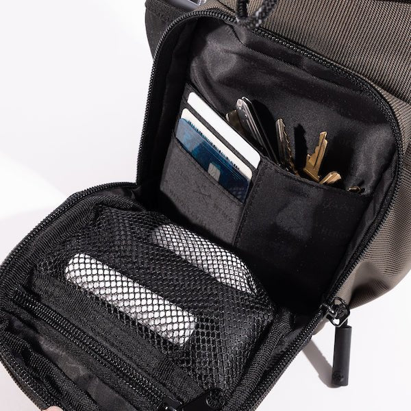 The photo shows a close up of the bags main pocket. The pocket had a mesh zipper pouch on the flap. The inner pocket has smaller pockets for up to 4 credit cards and a larger pocket behind.
