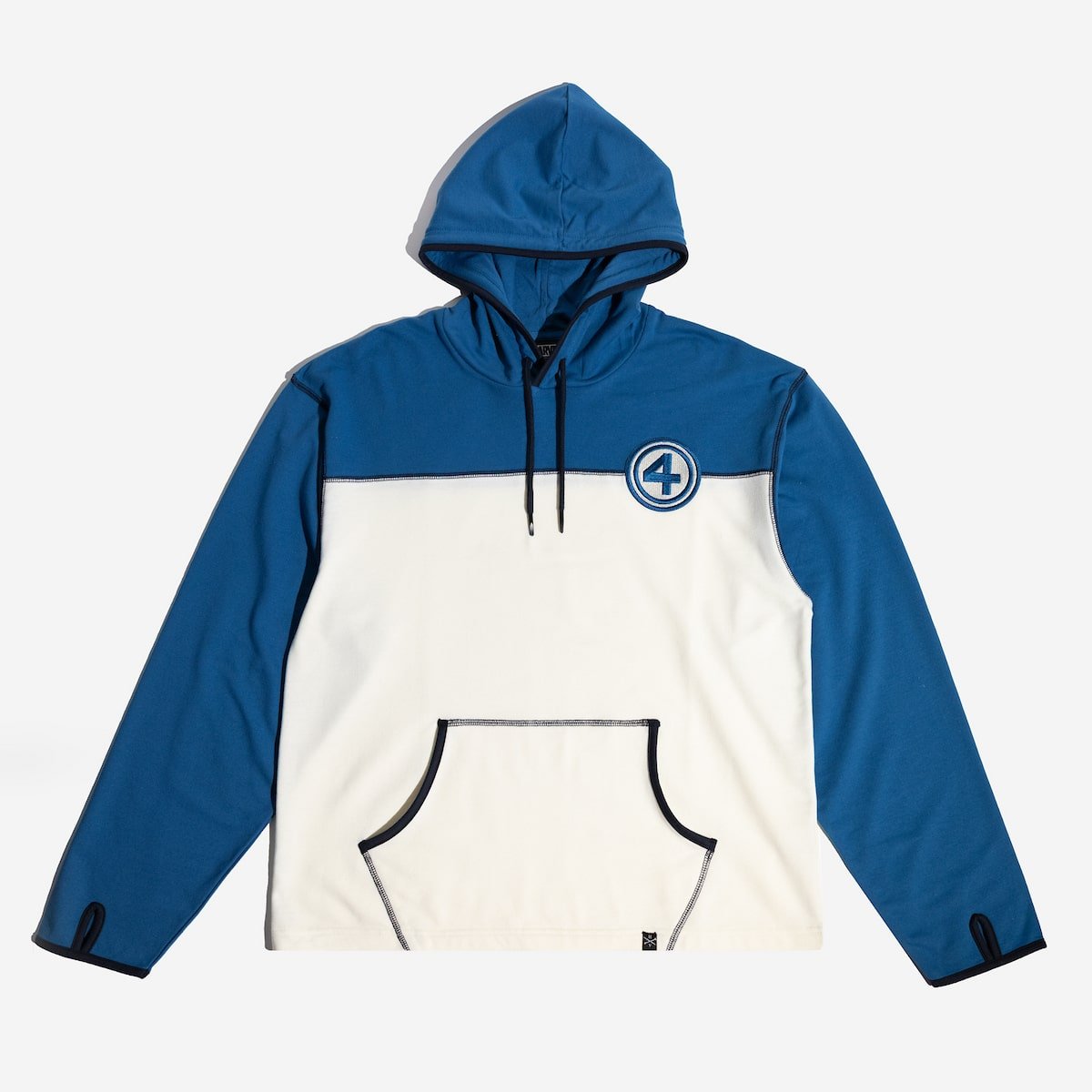 Blue and white Marvel Fantastic Four hoodie with a logo on a light gray background
