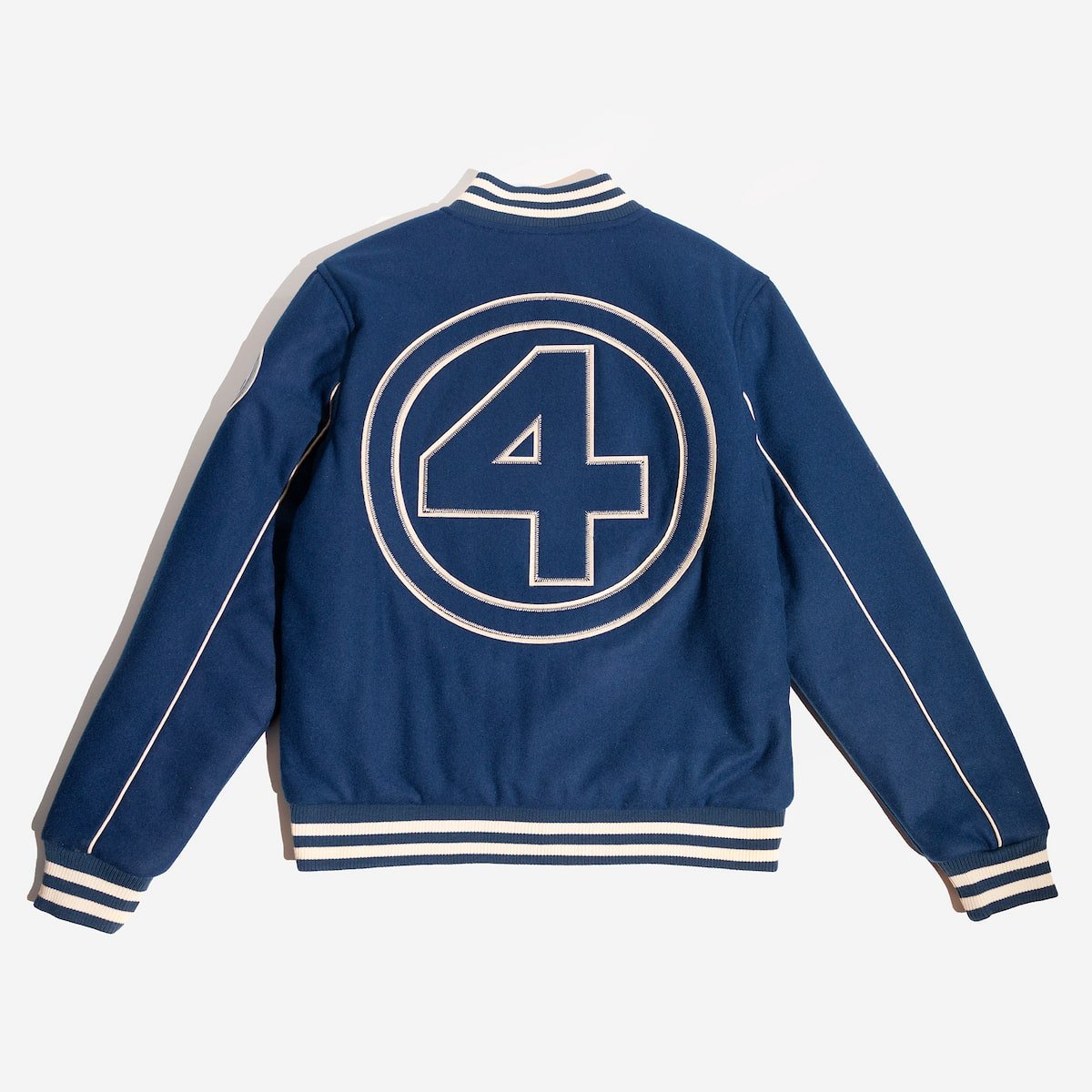 Blue Marvels Fantastic Four Varsity jacket with a large number 4 on the back against a white background