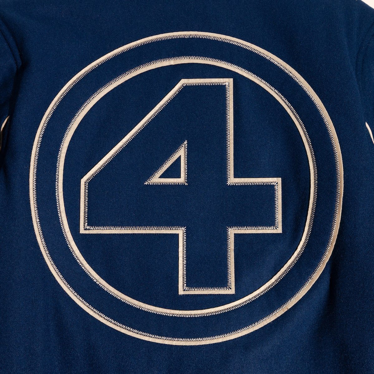 Blue Marvels Fantastic Four Varsity jacket with a large number 4 on the back against a white background