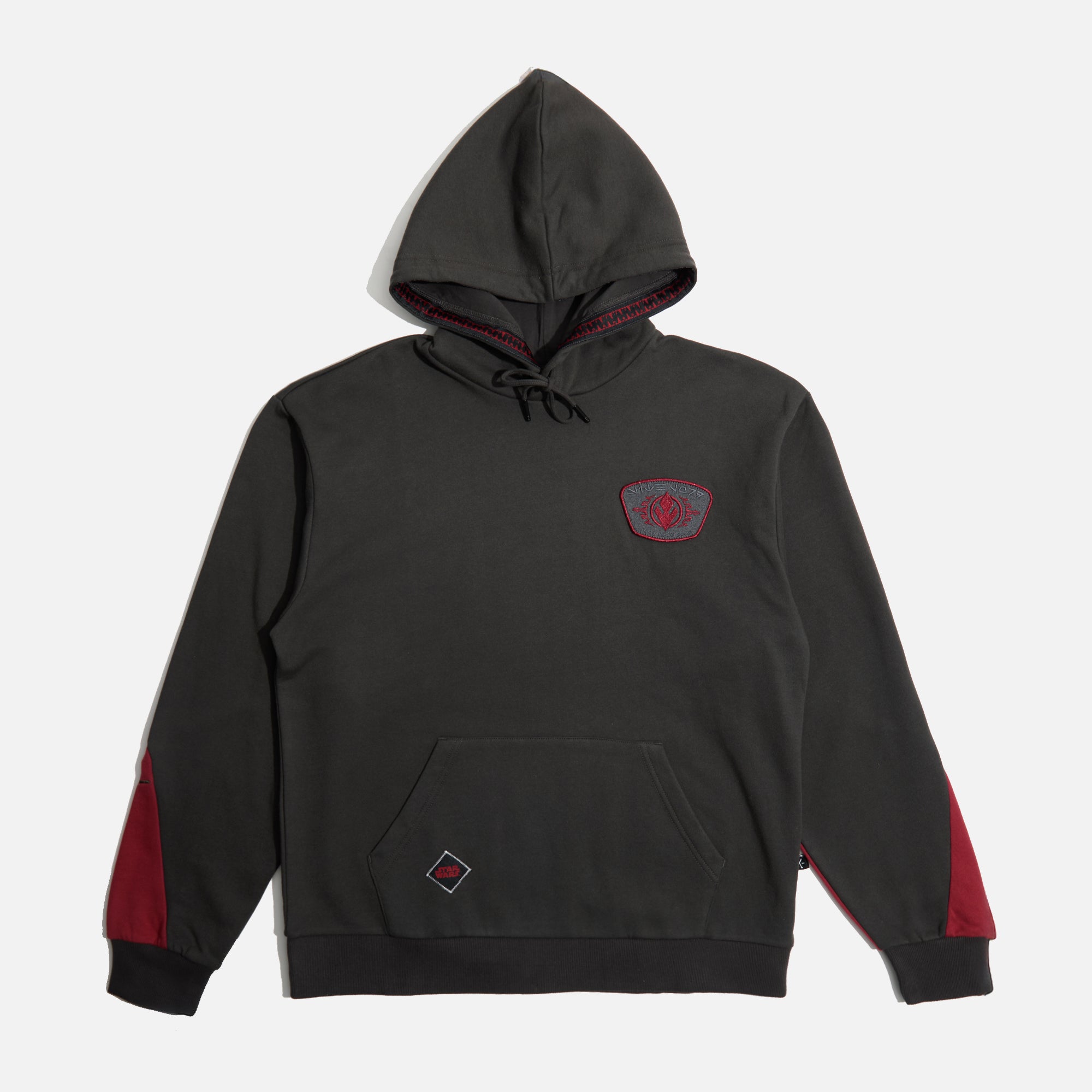 A black Darth Maul hoodie with red and gray accents, featuring embroidered patches and text, and a printed character depiction on the back.