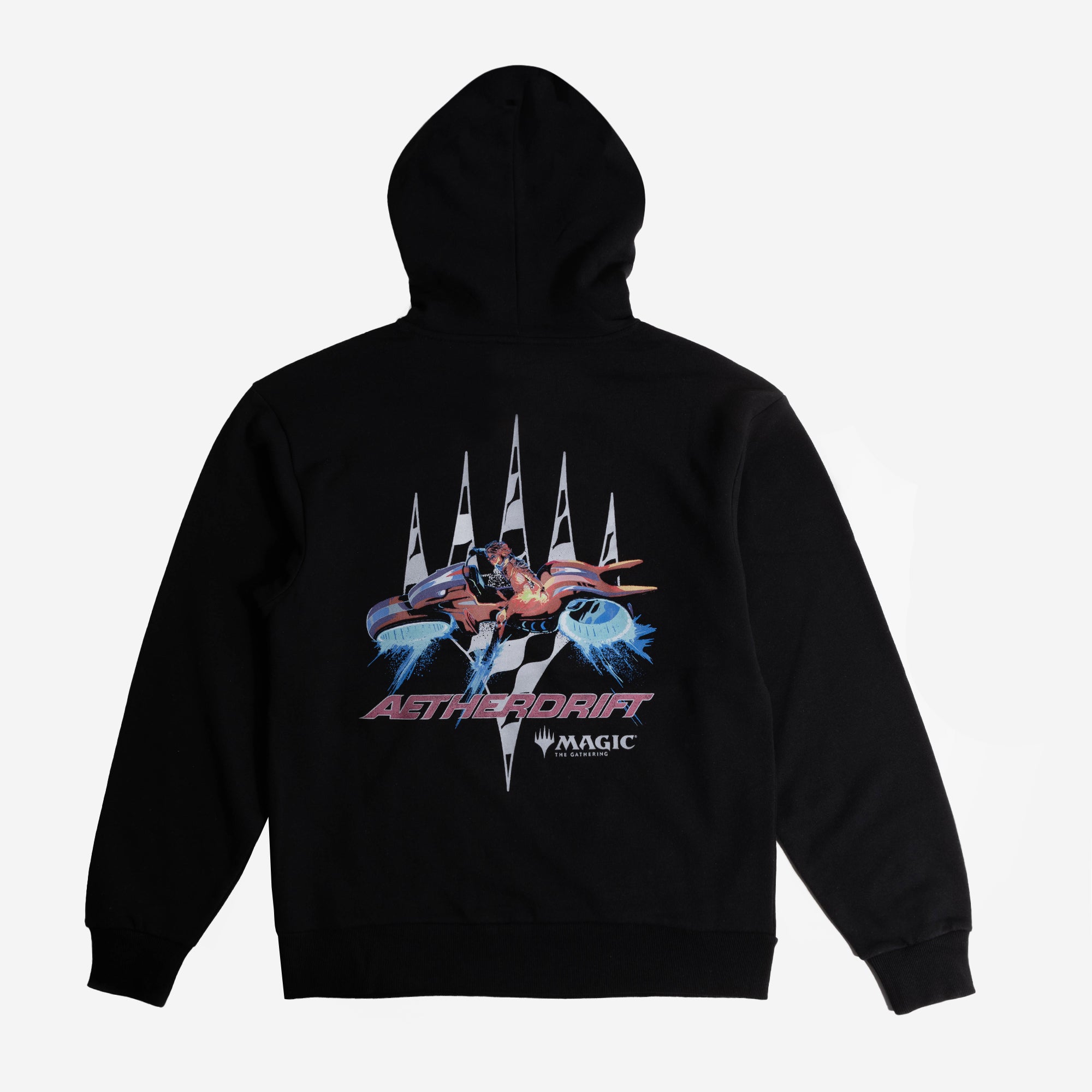 Back view of the Aetherdrift Black Hoodie featuring bold futuristic graphics and Aetherdrift logo from Magic: The Gathering.
