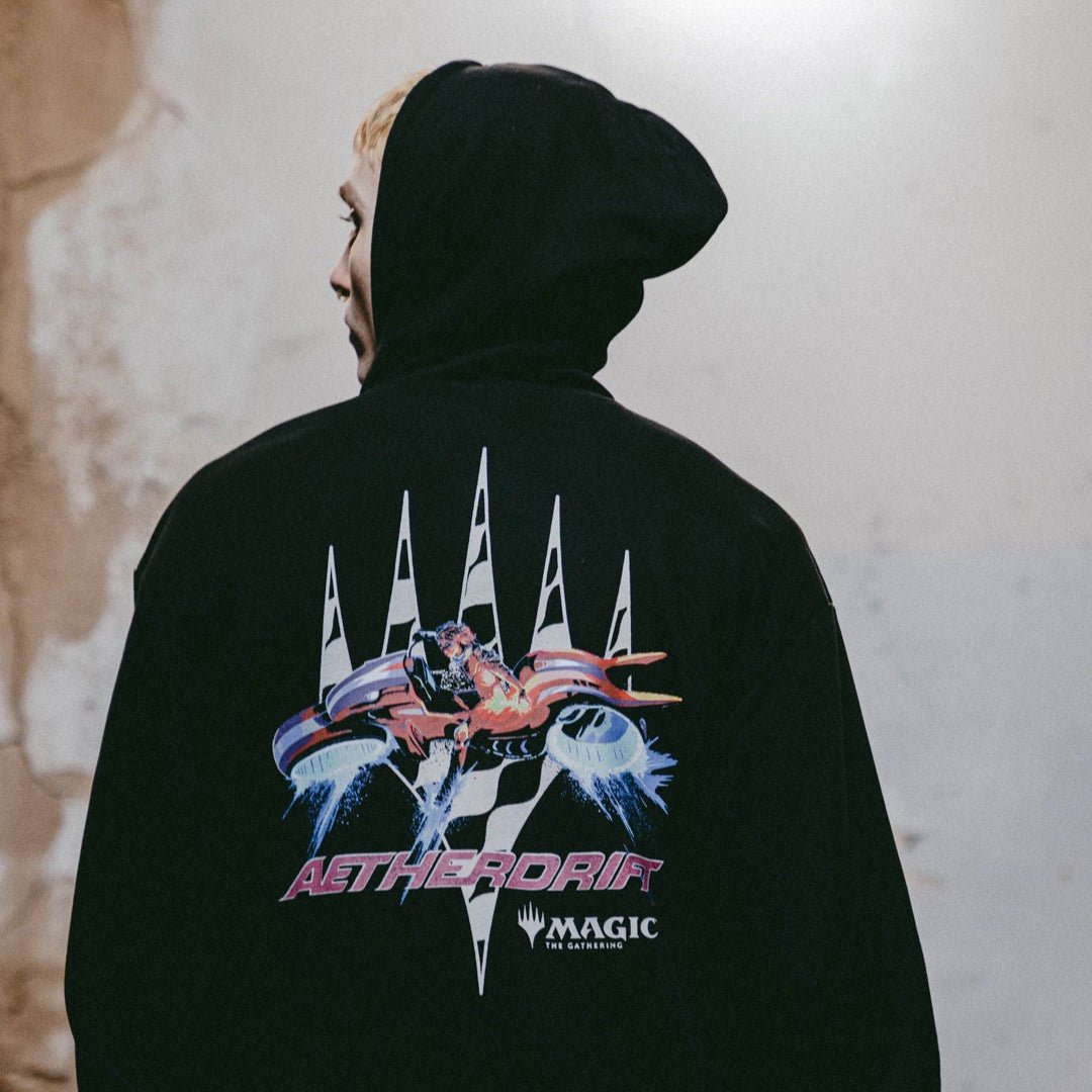 Aetherdrift Black Hoodie with printed Aetherdrift logo and Chandra on back, high-speed Multiverse-inspired design.