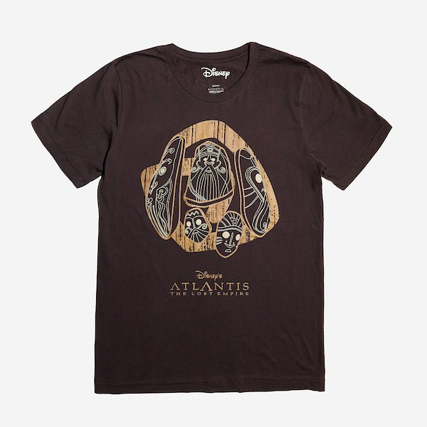 Brown tshirt with stylized stone carvings with intricate designs on a dark background, with the text "Disney's Atlantis The Lost Empire" below.
