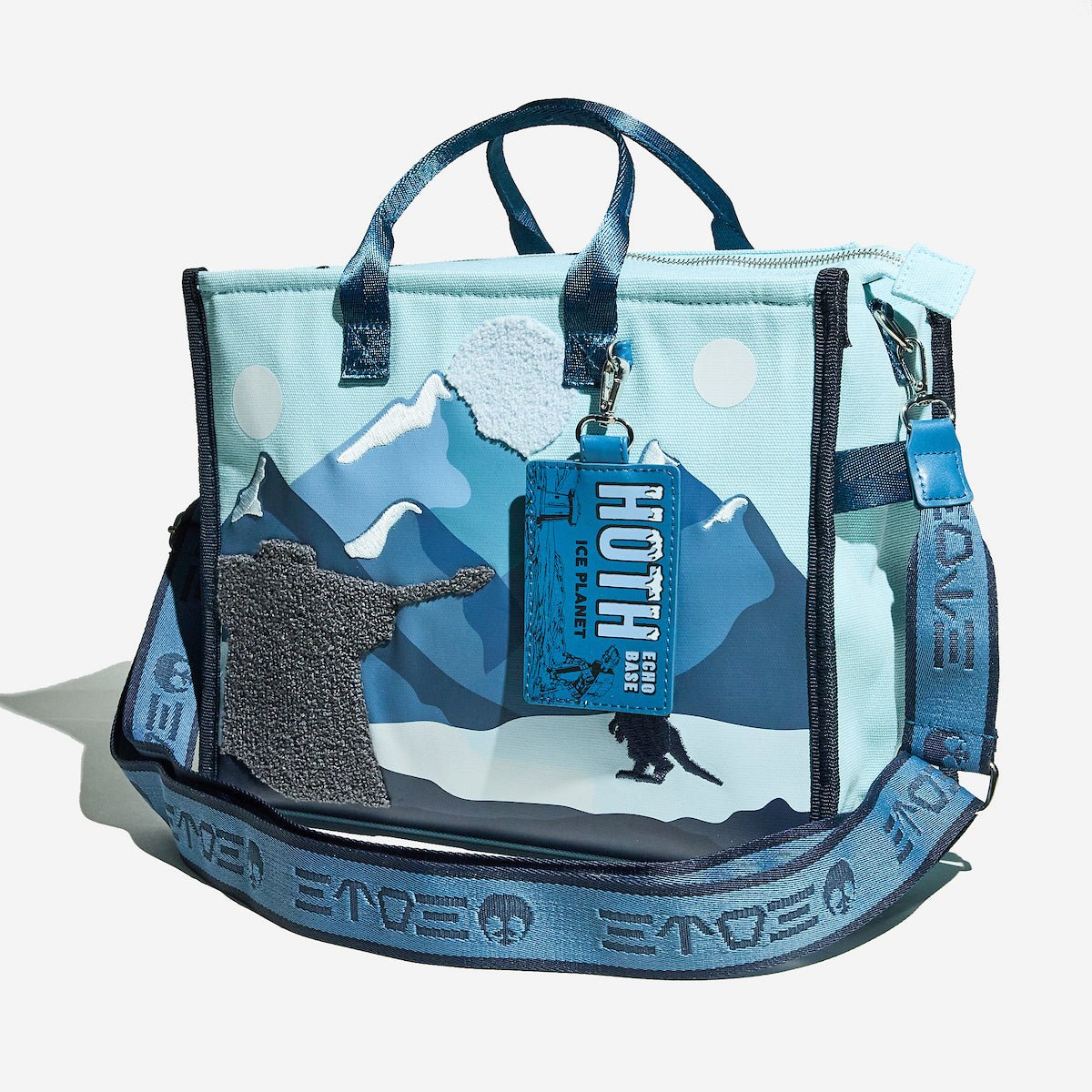 Blue bag with mountain design and 'Hoth' tag on a white background