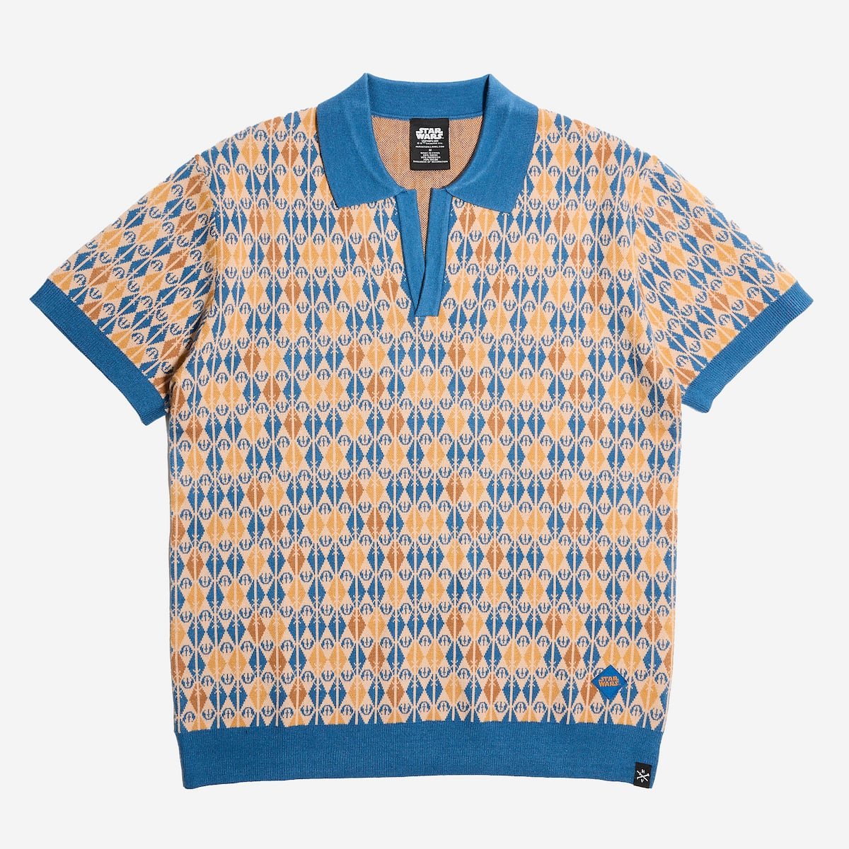 Short-sleeve polo with blue and orange star wars geometric pattern on a white background