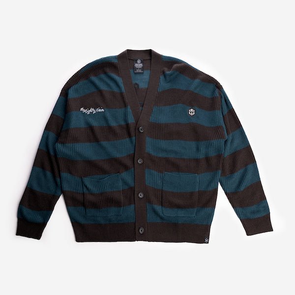 Critical Role The Mighty Nein Brown and Blue Striped Knit Cardigan with Embroidery on the upper left and right chest areas