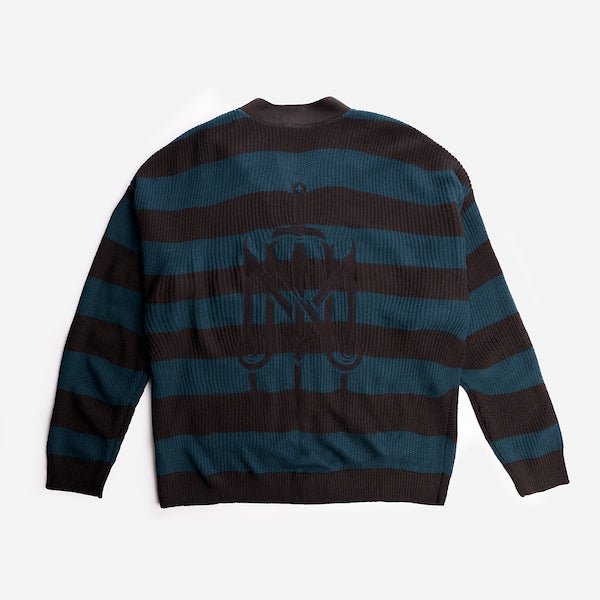 Backside of the Critical Role The Mighty Nein Brown and Blue striped cardigan showing The Mighty Nein logo embroidered