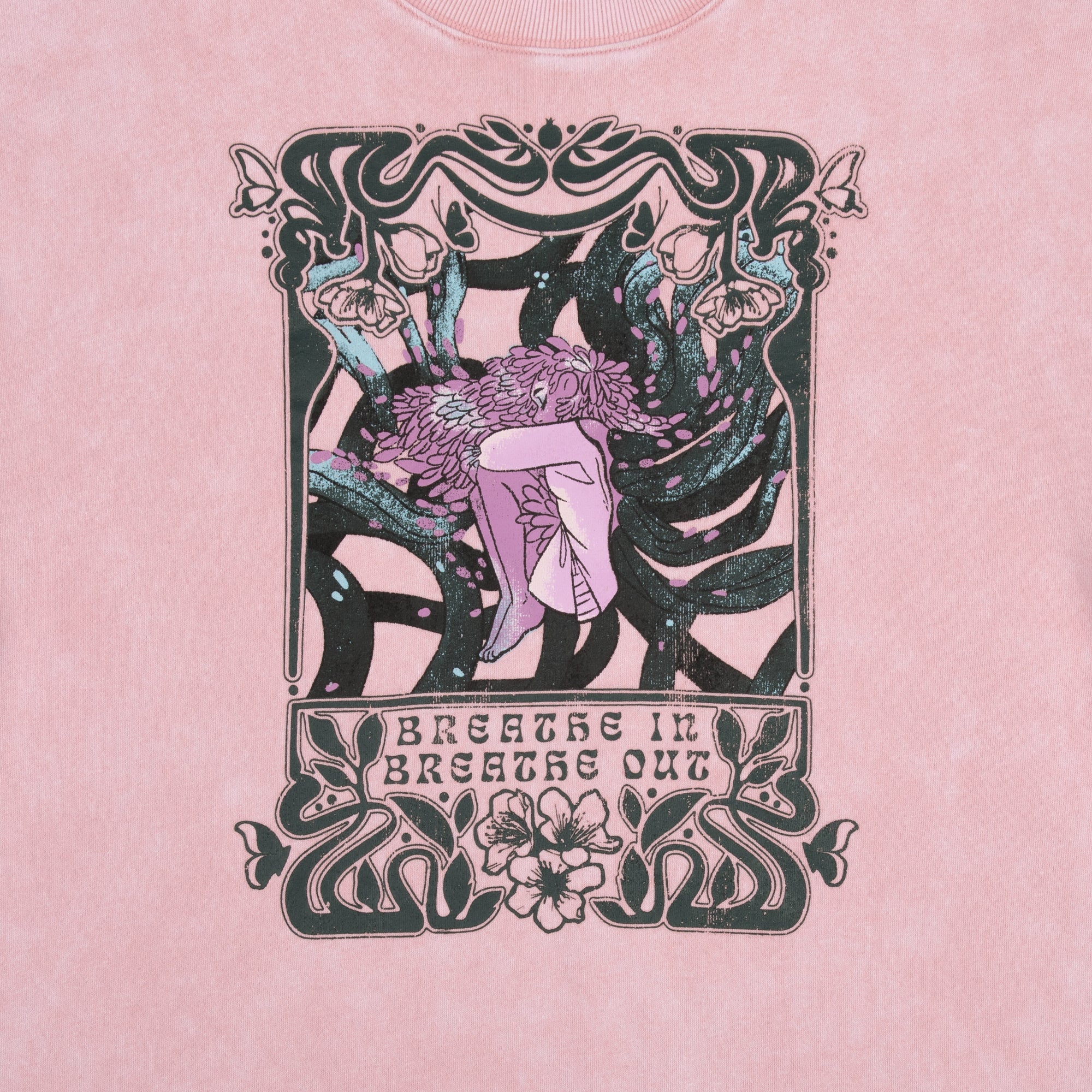 Close-up of Persephone art on the Breathe In Breathe Out Blush Crew Sweatshirt.
