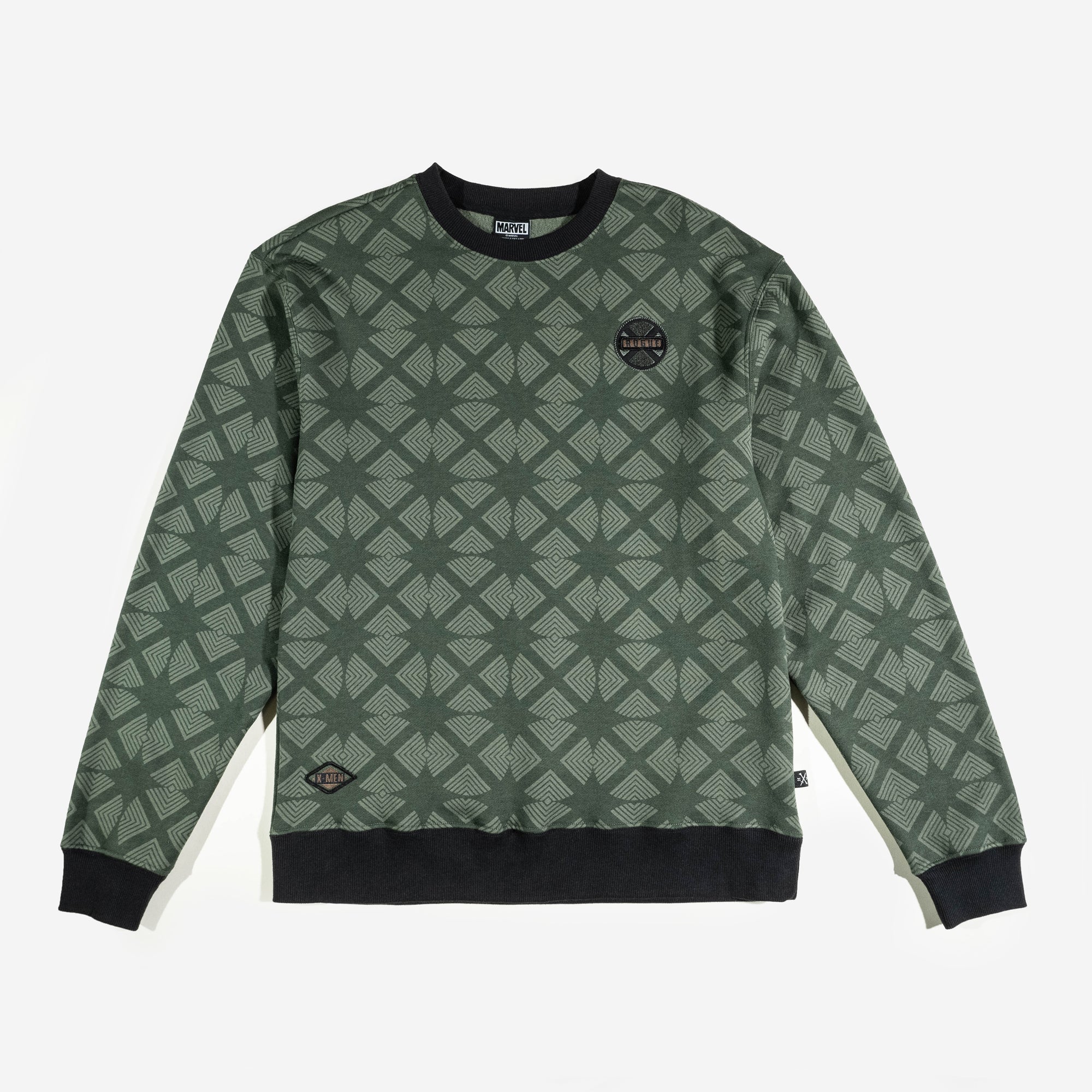 green X-Men Rogue Crew Sweatshirt featuring an intricate geometric pattern, black ribbed cuffs and hem, and subtle X-Men branding on the chest and lower corner.