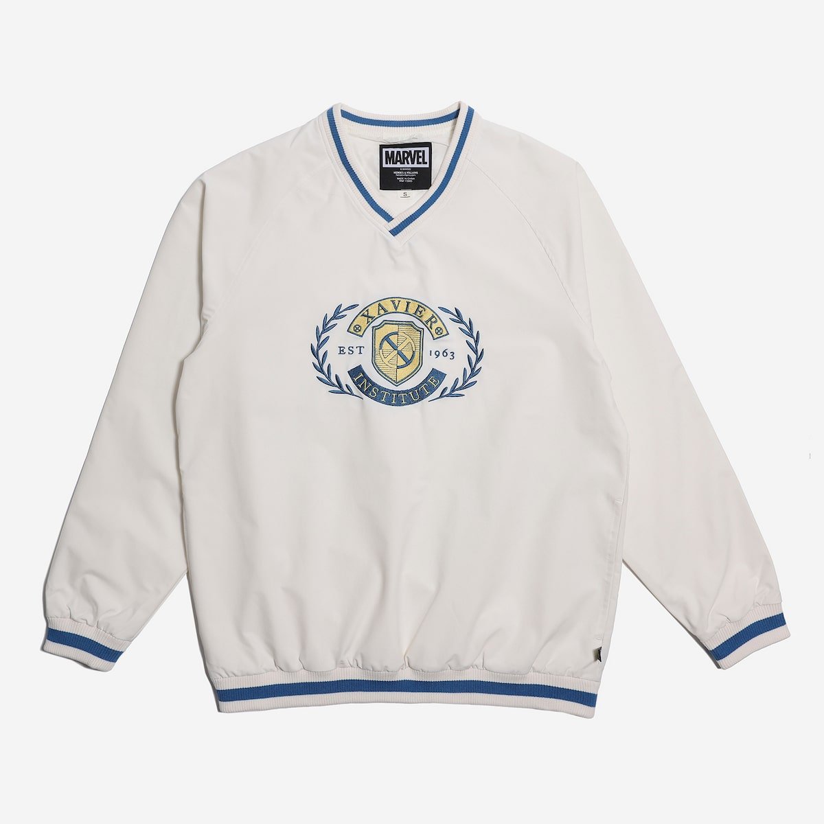 White sweatshirt with blue accents and Marvel logo on a white background