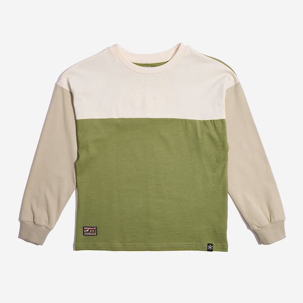 A long sleeve color blocked shirt. The Sleeves are tan while the top panel of the shirt is cream colored and the bottom is an olive green. Photo shows a close up of a t-shirt with white and orange horizontal stripes. There is a rectangular patch at the bottom left. The patch has the words "Rebels of" at the top and "Alderaan" at the bottom. Between the words is a small picture of a forest and mountains.