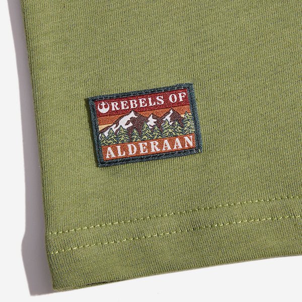 The close up shows a rectangular patch with the words "Rebels of" at the top and "Alderaan" at the bottom. Between the words is a small picture of a forest and mountains.
