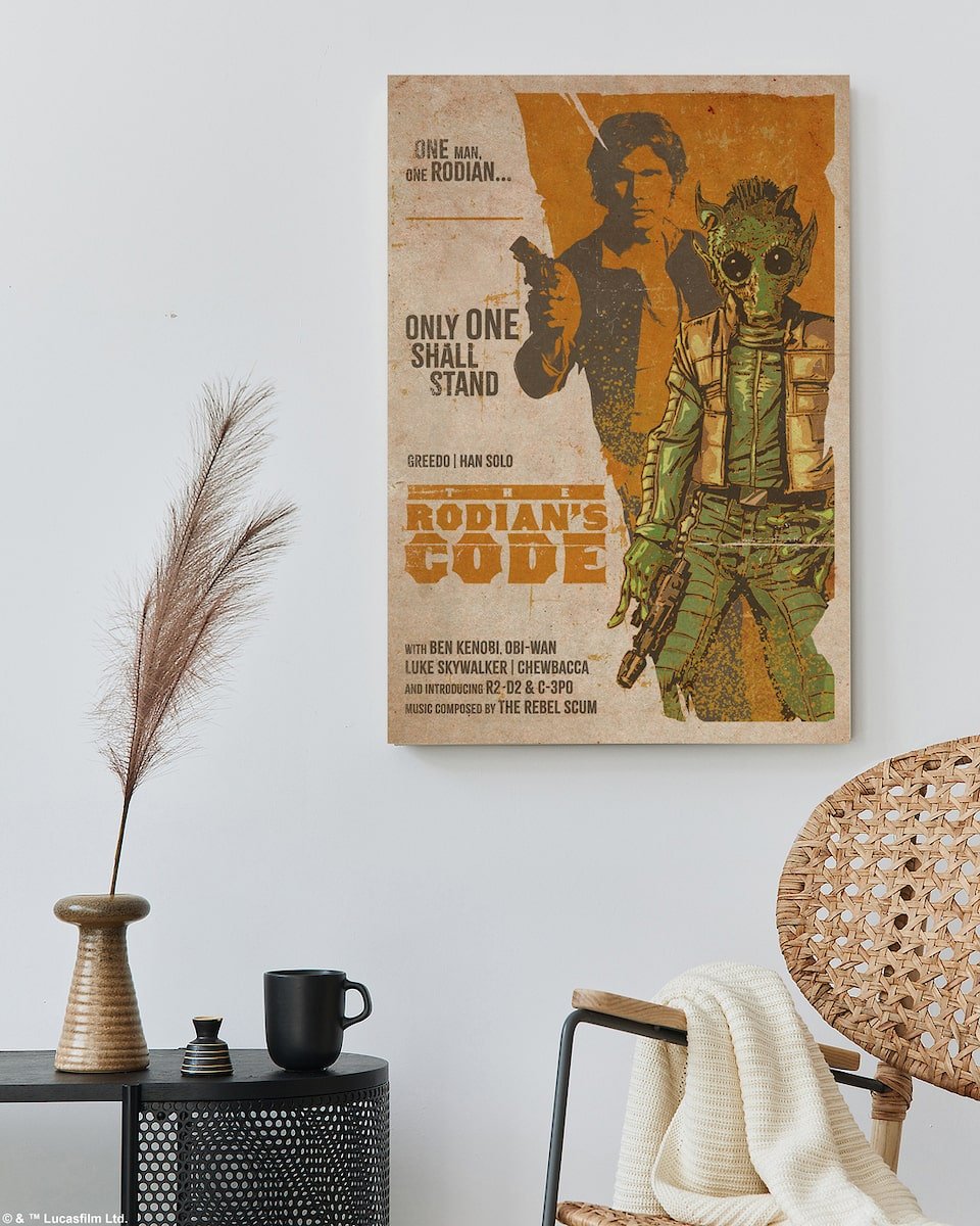 Rodians Code Western Art Print with text on a wall above a table and chair.