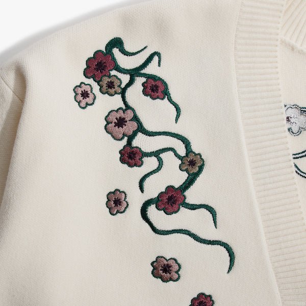 White Cardigan featuring embroidered Cherry Blossoms down the chest