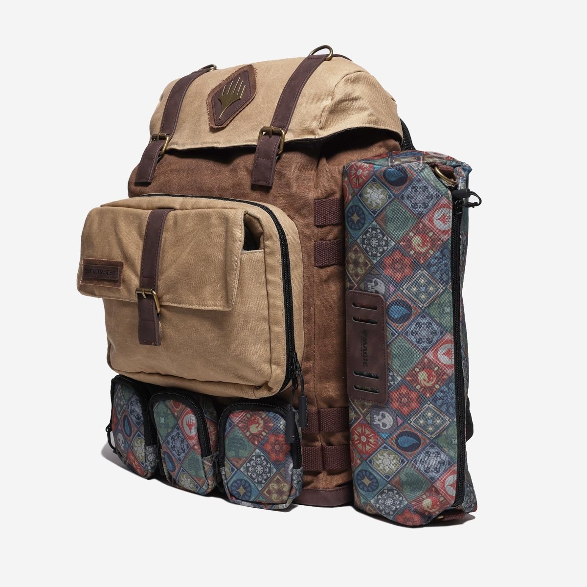 Backpack with floral patterned side panels on a white background