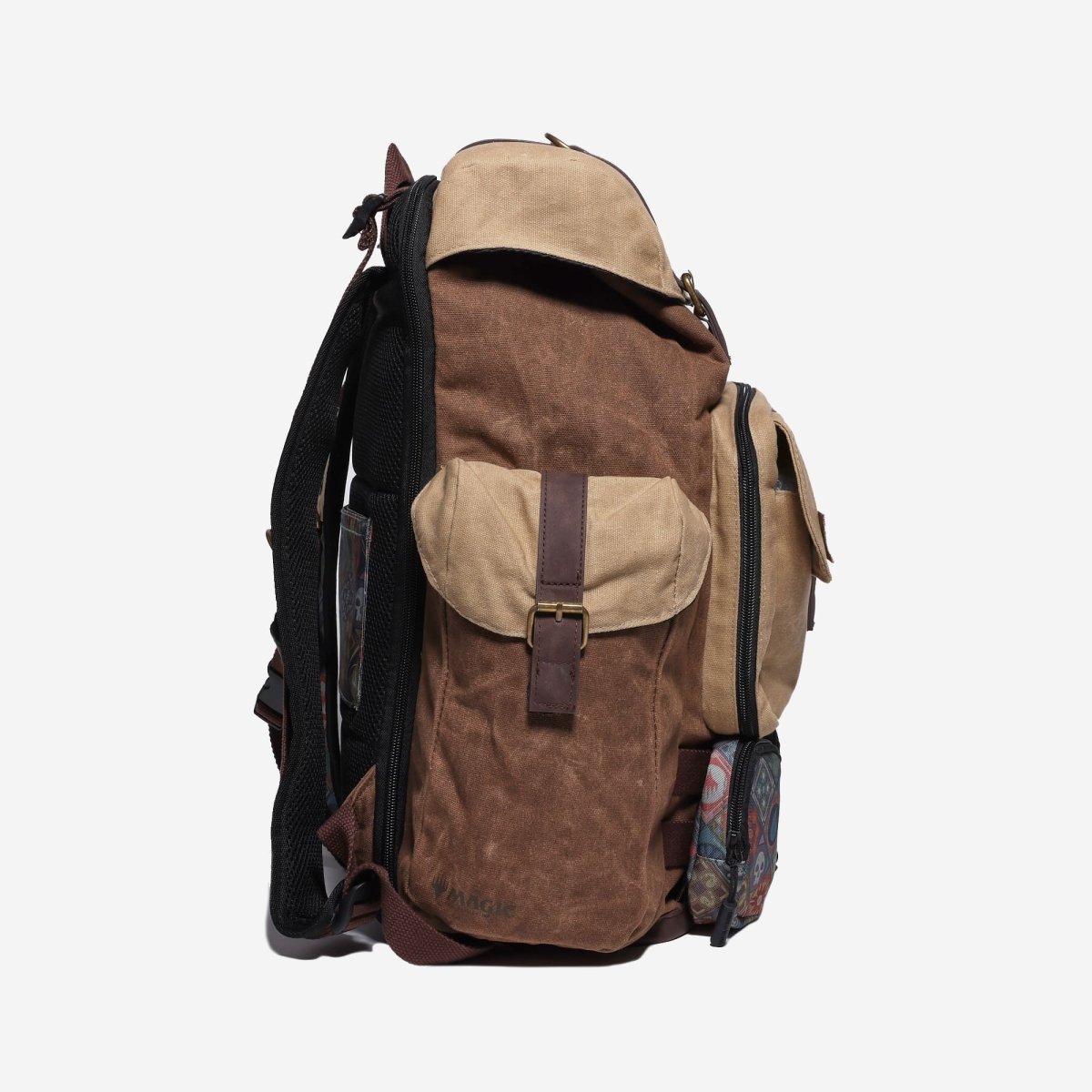 Brown and beige backpack on a white background