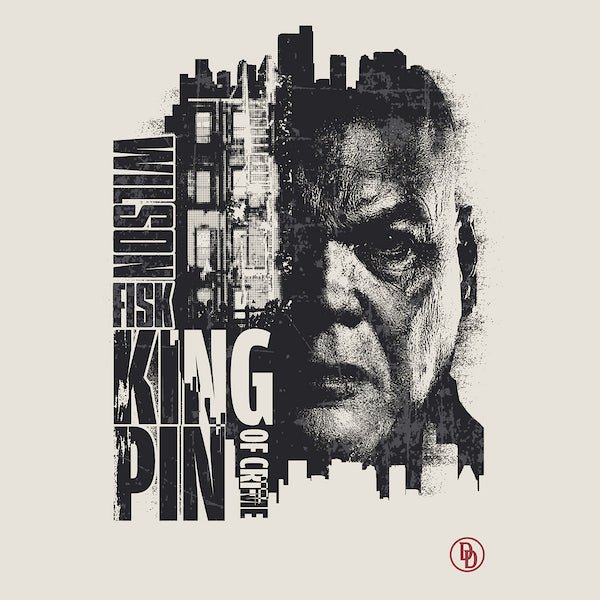 A gritty, high-contrast portrait of Wilson Fisk, also known as the Kingpin, with half of his face merging into a cityscape. His name, "Wilson Fisk," is stacked vertically, while "KINGPIN" and "OF CRIME" are displayed in bold, blocky typography. With the Daredevil "DD" logo in the lower corner.