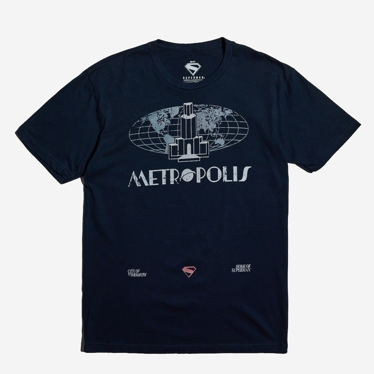 Navy T-Shirt showing a vintage style skyline, The tee says "Metropolis" with a vintage text