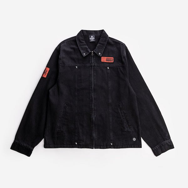 A black denim jacket featuring bold red patches on the left chest and left sleeve. The chest patch reads "Critical Role" with a stylized logo, while the sleeve patch has a matching red emblem. The jacket has a classic collar, zipper front, and side pockets.