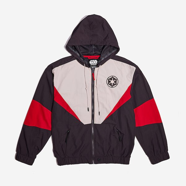 A Star Wars-themed hooded windbreaker jacket featuring a Imperial Army emblem on the left chest. The jacket has a color-blocked design in Black, White and Red, with a front zipper, adjustable drawstrings on the hood, elastic cuffs, and two zippered pockets.