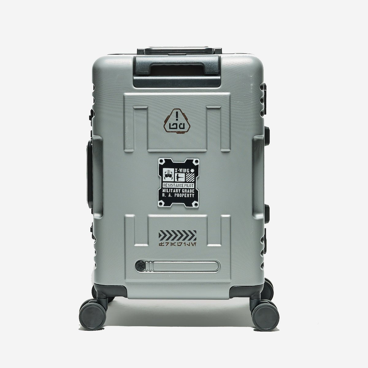 Gray suitcase with branding and design elements on a white background