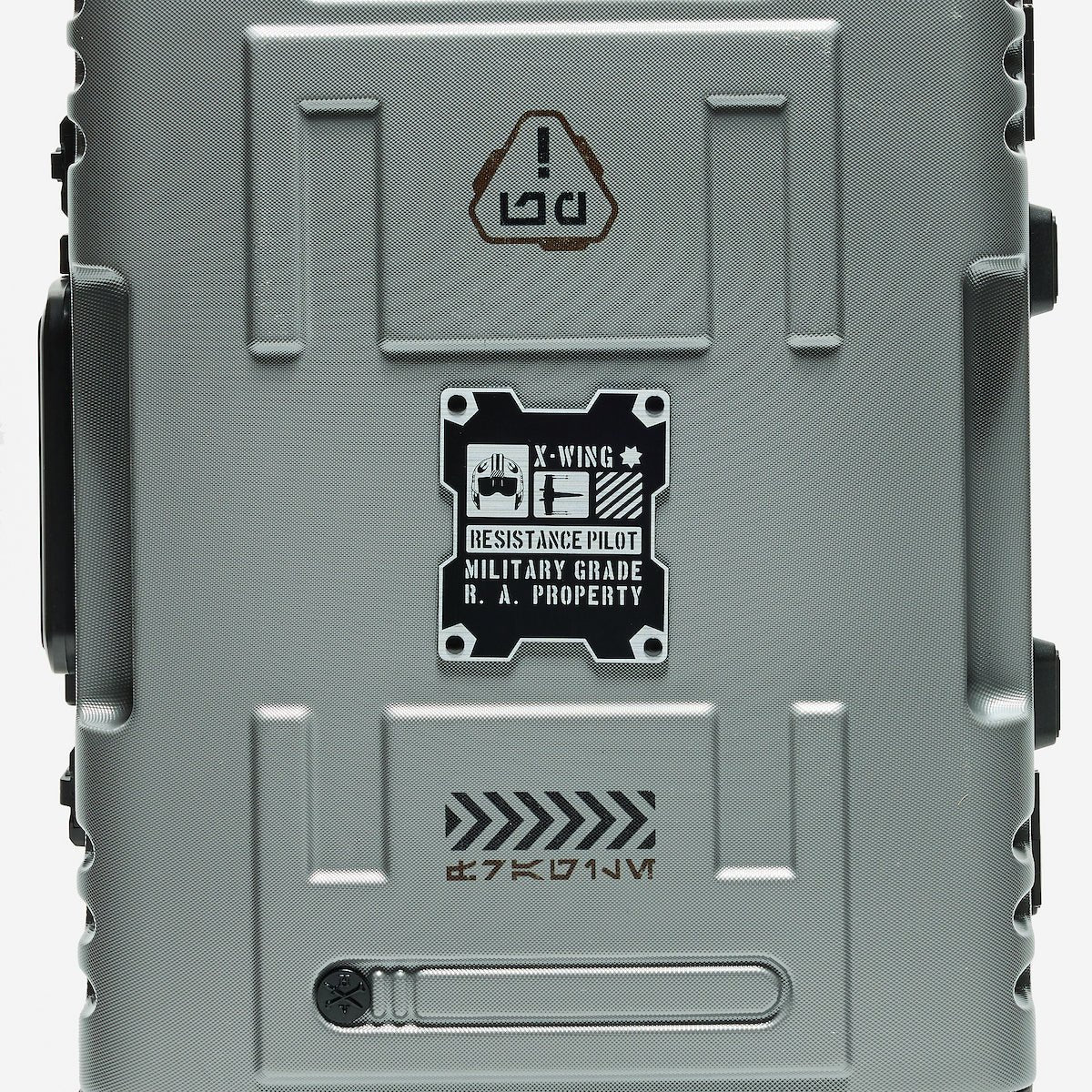 Gray Suitcase with Star Wars X-Wing branding and text on a white background