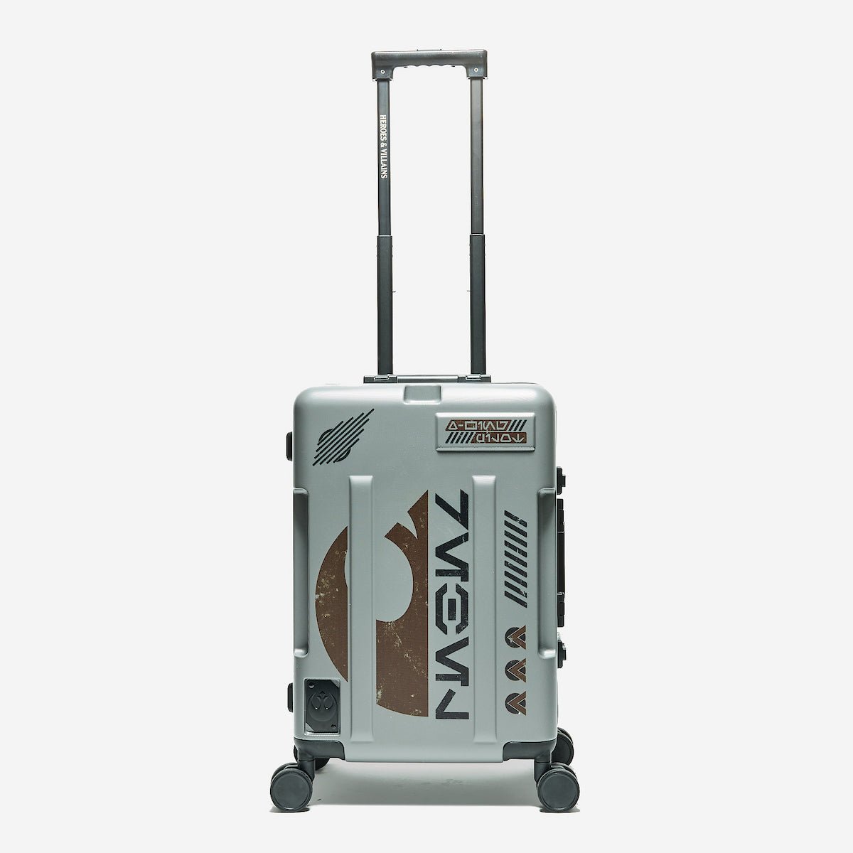 Gray suitcase with a logo on a white background