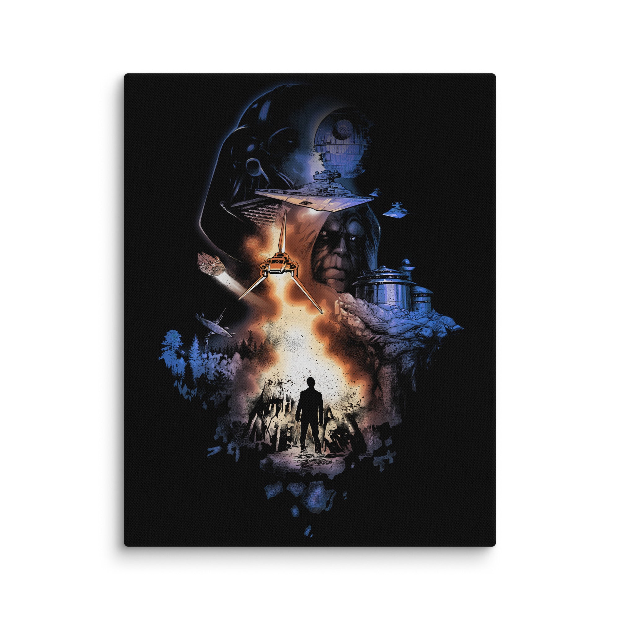 Canvas print with a dark scene featuring a helmeted figure, stormtrooper, and silhouette of a man on a white background.