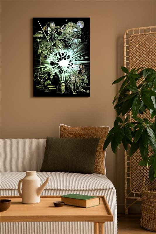 Living room with a canvas of Star Wars Return of the Jedi themed artwork on the wall, a couch with a pillow, and a plant.