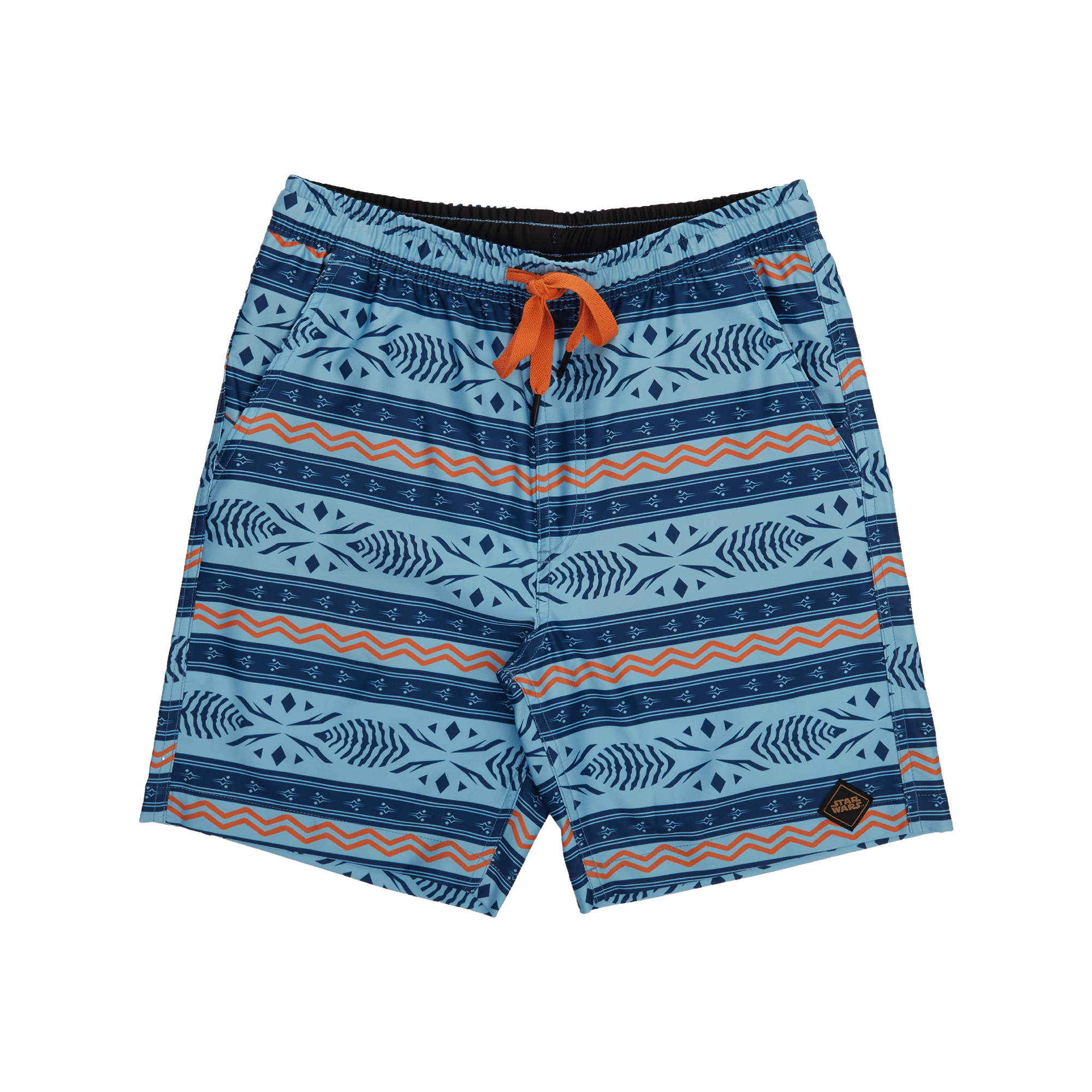 Ahsoka Board Shorts with blue tribal print, orange drawstring, water-repellent quick-dry fabric, and side pockets.