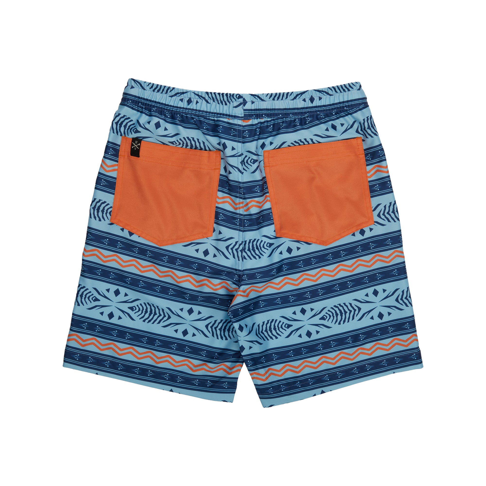 Ahsoka Board Shorts with blue and orange tribal print, two back pockets, drawstring waist, quick-dry water-repellent fabric