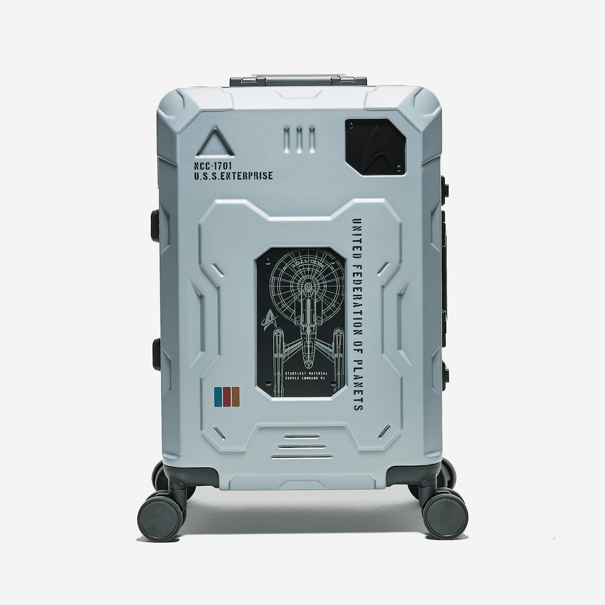 Space-themed suitcase with U.S.S. Enterprise design on a white background